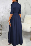 Blue Elegant Solid Color Buckle Patchwork Ruched Strap Design Turndown Collar A Line Dresses