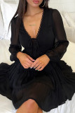 Black Celebrities Solid Color Patchwork Ruched Strap Design Deep V Neck A Line Dresses