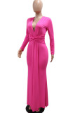 Blue Elegant Solid Color Patchwork Ruched Deep V Neck Long Dresses