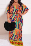 Rose Red Casual Print Patchwork Off Shoulder Long Plus Size Dresses