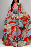 Black Casual Leaf Print Basic O Neck Long Dresses