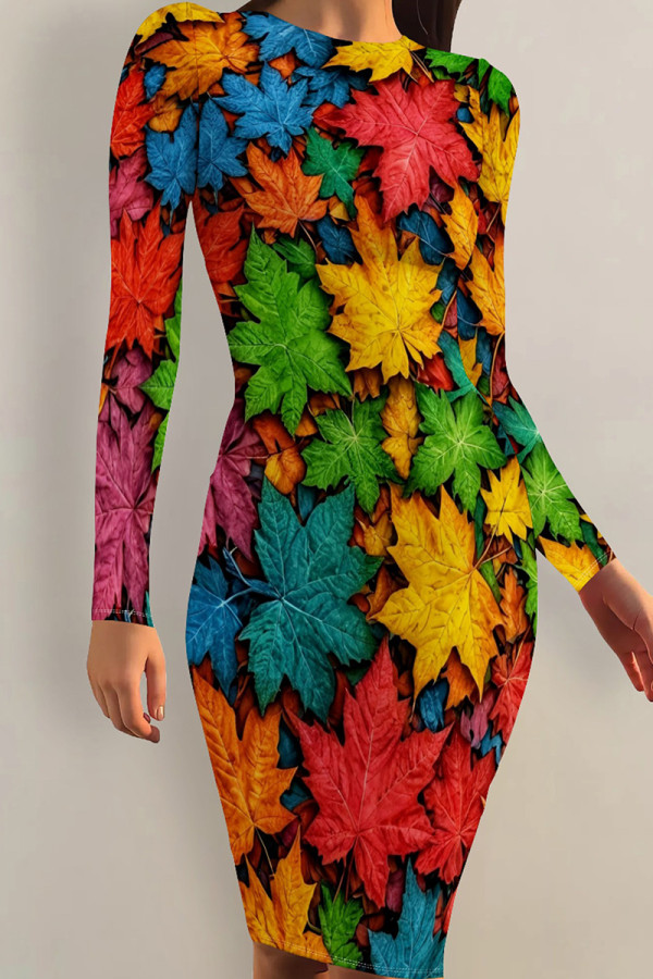 Multicolor Sexy Print Patchwork O Neck Wrapped Skirt Dresses