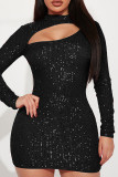Black Sexy Solid Color Hollow Out Sequins Patchwork O Neck Wrapped Skirt Dresses