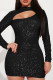 Black Sexy Solid Color Hollow Out Sequins Patchwork O Neck Wrapped Skirt Dresses