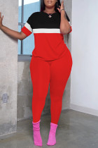 White Red Casual Patchwork Contrast O Neck Short Sleeve Two Pieces