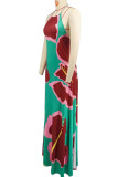 Green Elegant Print Patchwork Backless Strap Design Halter Long Dresses
