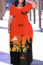 Tangerine Red Casual Print Basic O Neck Long Plus Size Dresses