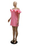 Pink Casual Solid Color Patchwork Off Shoulder One Step Skirt Short Sleeve Dress