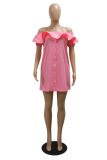 Pink Casual Solid Color Patchwork Off Shoulder One Step Skirt Short Sleeve Dress