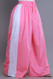 Pink Casual Draw String Pocket Patchwork Loose High Waist Wide Leg Patchwork Bottoms