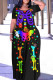 Colour Casual Print Basic O Neck Long Plus Size Dresses