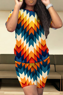 Blue Orange Casual Print Patchwork O Neck Short Sleeve Two Pieces