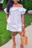 Pink Casual Solid Color Patchwork Off Shoulder One Step Skirt Short Sleeve Dress