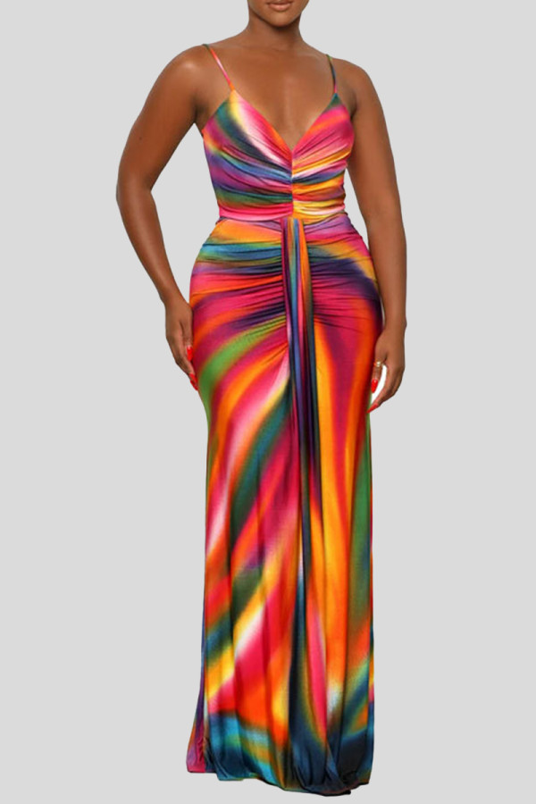 Red Sexy Print Patchwork Backless Ruched Spaghetti Strap Sling Dresses
