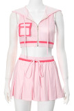 Pink Sexy Solid Color Draw String Pocket Patchwork Zipper Solid Color Zipper Collar Sleeveless Two Pieces