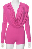 Rose Red Sexy Solid Color Patchwork Ruched V Neck Skinny Rompers