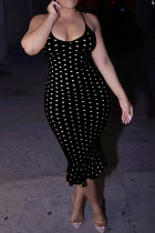 Black Sexy Polka Dot Patchwork Backless Spaghetti Strap Sling Plus Size Dresses
