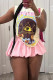 Yellow Pink Casual Print Patchwork Ruched O Neck Short Sleeve Two Pieces