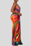 Red Sexy Print Patchwork Backless Ruched Spaghetti Strap Sling Dresses