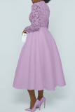 Red Casual Solid Color Lace Patchwork Long Sleeve Dresses
