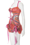 Rose Red Sexy Print Hollow Out Patchwork Backless Ruched Strap Design Halter Wrapped Skirt Dresses