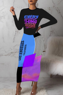 Black Sexy Print Patchwork O Neck Wrapped Skirt Dresses