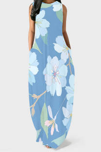 Baby Blue Casual Print Pocket Patchwork O Neck Long Dresses