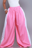 Pink Casual Draw String Pocket Patchwork Loose High Waist Wide Leg Patchwork Bottoms