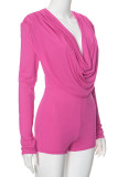 Rose Red Sexy Solid Color Patchwork Ruched V Neck Skinny Rompers