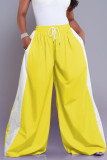 Yellow Casual Draw String Pocket Patchwork Loose High Waist Wide Leg Patchwork Bottoms