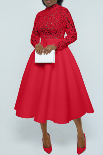 Red Casual Solid Color Lace Patchwork Long Sleeve Dresses