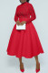 Red Casual Solid Color Lace Patchwork Long Sleeve Dresses