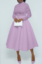 Purple Casual Solid Color Lace Patchwork Long Sleeve Dresses