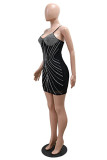 Black Sexy Party Hot Club Patchwork Hot Drilling Backless Spaghetti Strap Wrapped Skirt Dresses