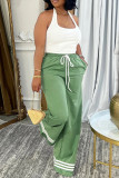 Green Casual Stripe Draw String Pocket Patchwork Contrast Loose Mid Waist Wide Leg Patchwork Bottoms
