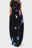 Black White Casual Print Pocket Patchwork O Neck Long Dresses