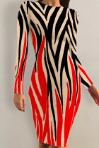 Black Red Striped Print Contrast O Neck Printed Dresses
