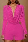Rose Red Sexy Solid Color Patchwork Ruched V Neck Skinny Rompers