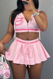 Pink Sexy Solid Color Draw String Pocket Patchwork Zipper Solid Color Zipper Collar Sleeveless Two Pieces