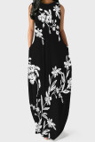 Black White Casual Print Pocket Patchwork O Neck Long Dresses