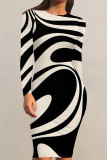 Cream White Striped Print Contrast O Neck Printed Dresses