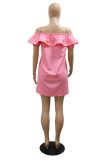 Pink Casual Solid Color Patchwork Off Shoulder One Step Skirt Short Sleeve Dress