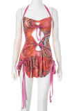 Rose Red Sexy Print Hollow Out Patchwork Backless Ruched Strap Design Halter Wrapped Skirt Dresses