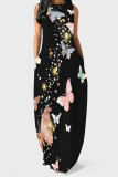 Black White Casual Print Pocket Patchwork O Neck Long Dresses