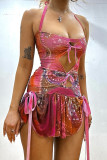 Rose Red Sexy Print Hollow Out Patchwork Backless Ruched Strap Design Halter Wrapped Skirt Dresses