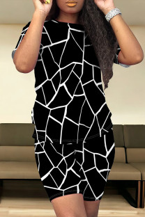 Black And White Casual Print Patchwork O Neck Short Sleeve Two Pieces