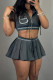 Grey Sexy Solid Color Draw String Pocket Patchwork Zipper Solid Color Zipper Collar Sleeveless Two Pieces