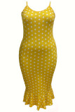 Black Sexy Polka Dot Patchwork Backless Spaghetti Strap Sling Plus Size Dresses