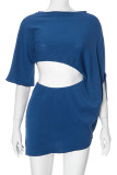 Blue Sexy Solid Color Hollow Out Patchwork O Neck Irregular Dresses