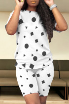 White Casual Print Patchwork O Neck Short Sleeve Two Pieces